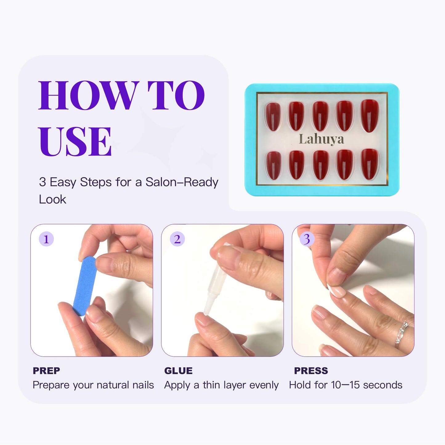 LAHUYA Press On Nails – Berry Glow | Nail Artist Designed Short Almond Fake Nails with Rich Berry Red Glossy Finish, 15 Sizes – 30 Nails Kit with Glue