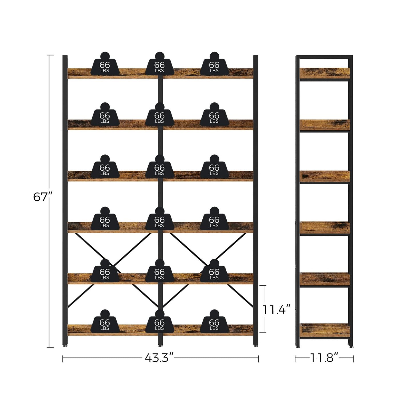 Seventable Bookshelf 6 Tier with 4 Hooks, 67” Industrial Wooden Bookcase, Vintage Storage Rack with Open Shelves, Rustic Standing Bookshelves Metal Frame 43.3” Wide Display Rack, Rustic Brown