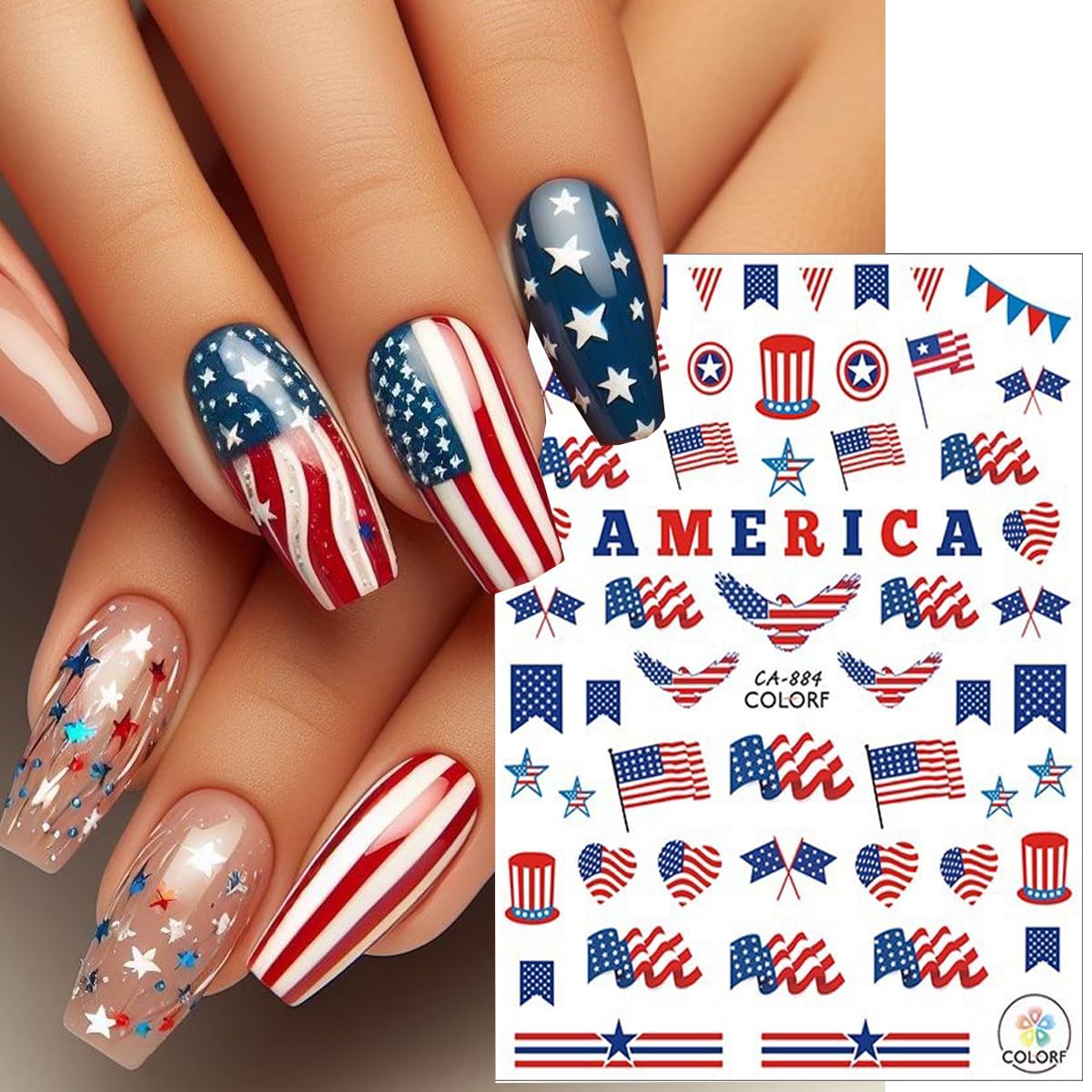 6Pcs Independence Day Nail Stickers for Nail Art - Celebrate 4th of July Nail Decals 3D Self-Adhesive USA Flags Heart Star Bow Eagle Design Firework Sticker for Memorial Day DIY Patriotic Nail Decor
