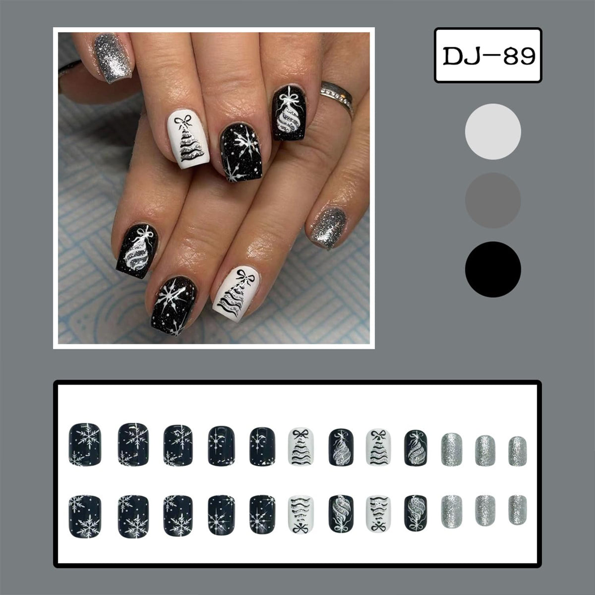 LWTZLW Christmas Press on Nails Christmas Tree Short Square False Nails Snowflake Glue on Nail Black Silver Glitter Design Acrylic Fake Nails Winter Artificial Glossy Nail Reusable for Women