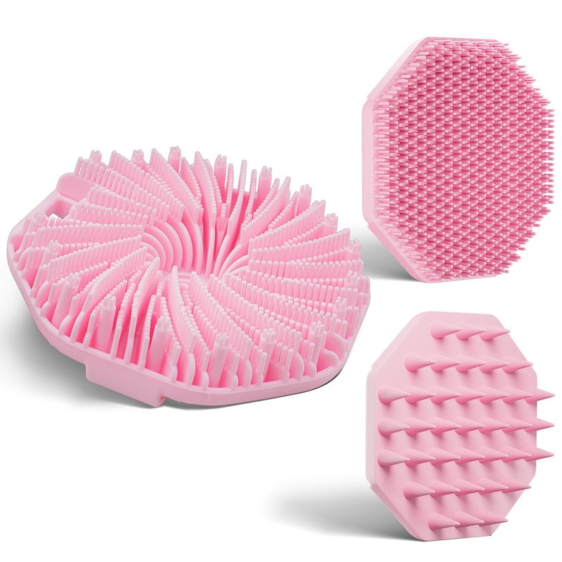 3 Soft Silicone Skin Scrubbers - Body Scrubber Exfoliating Brush Bath Shower Tool, with Gentle Manual Face Cleansing Wash Scrubber, with Hair Scalp Massager Shampoo Brush (Pink)