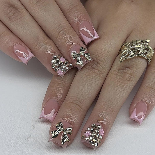 Short Press on Nails Square - Pink French Tip Fake Nails with Silver Bow Design - Rhinestone, Glossy Full Cover Stick on False Nails - for Women 24 Pcs