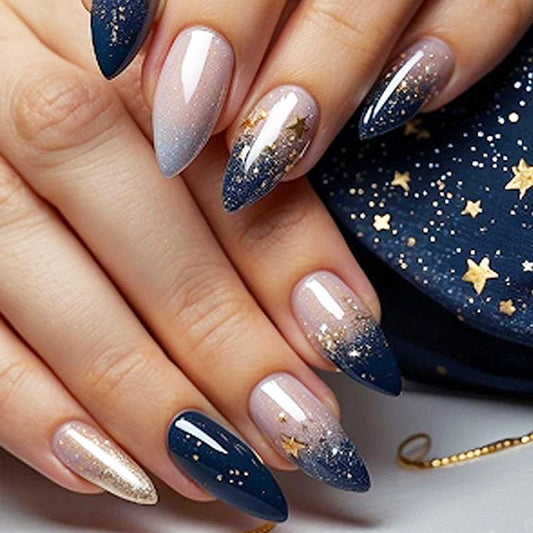 Starry Sky Medium Almond False Nail Gold Stars Press on Nails Glossy Blue Gradient Stick on Nail 24Pcs Silver Glitter Gel Glue on Fingernails Acrylic Full Cover Fake Nails for Holiday Manicure Art
