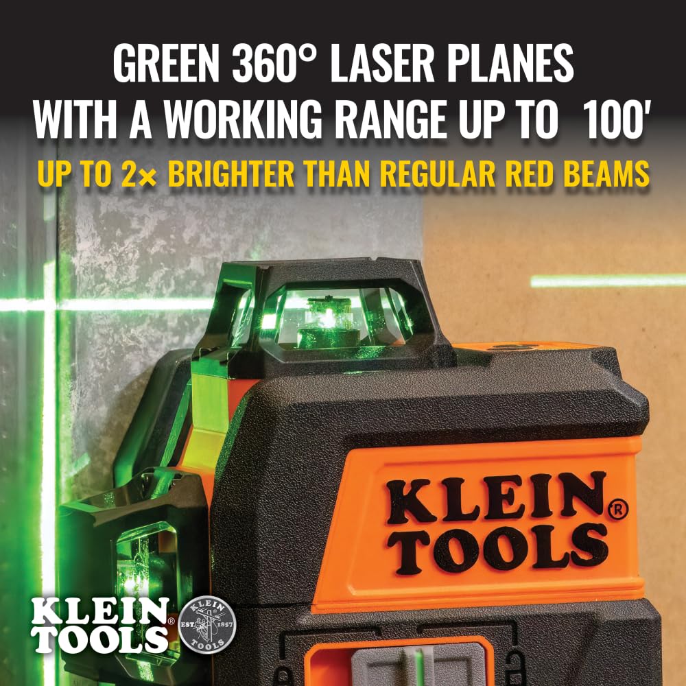 Klein Tools 93CPLG Compact Self-Leveling Laser Level, Bright Green Cross Line 360-Degree Laser Planes, Class 2 ≤ 1mW, Rechargeable, Magnetic Mount