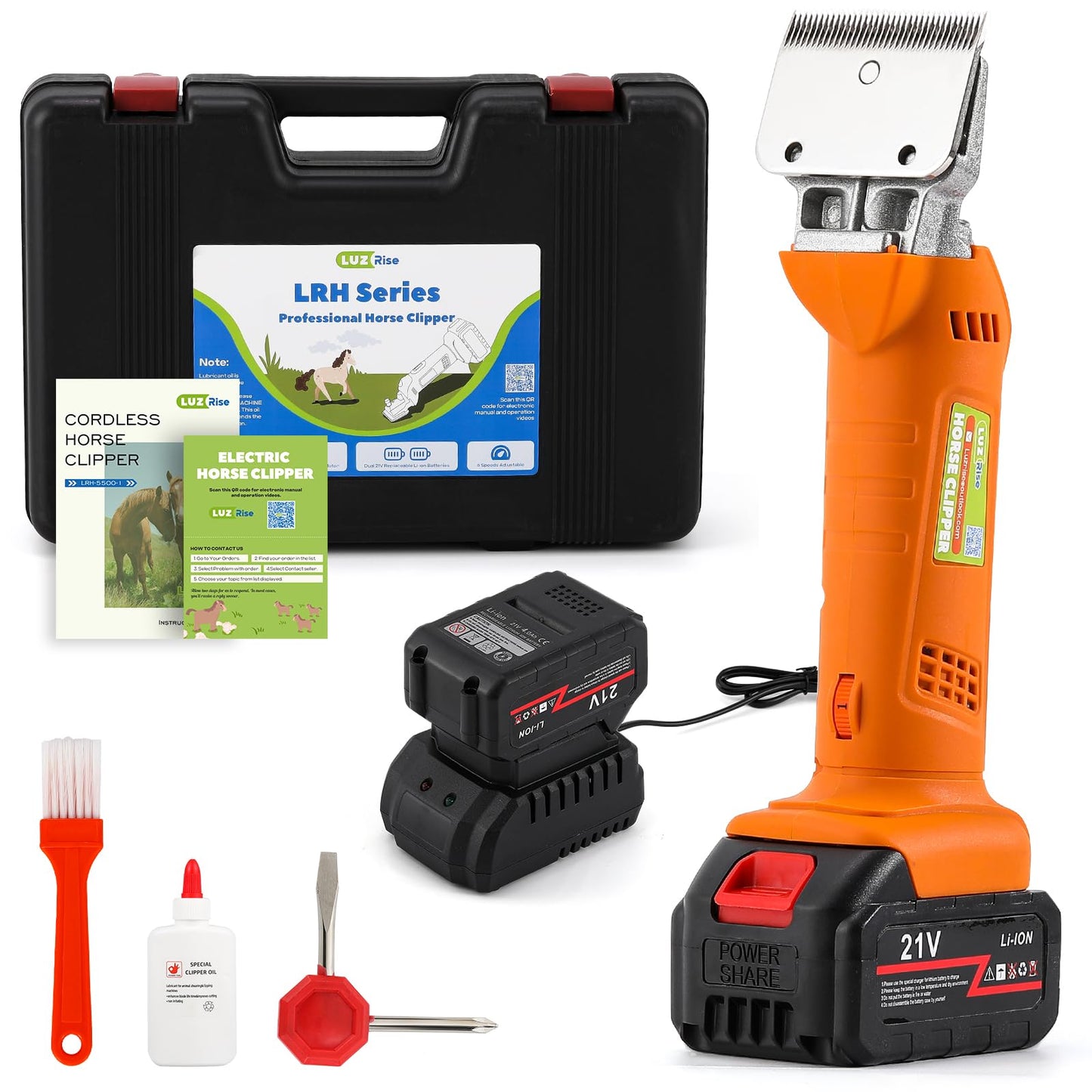 Luzrise Horse Clippers Cordless, Heavy Duty Horse Grooming Kit, 6-Speed Professional Livestock Clippers with 2PCS 21V 4Ah Lithium Battery for Shaving Horse Pony Cattle Large Dogs