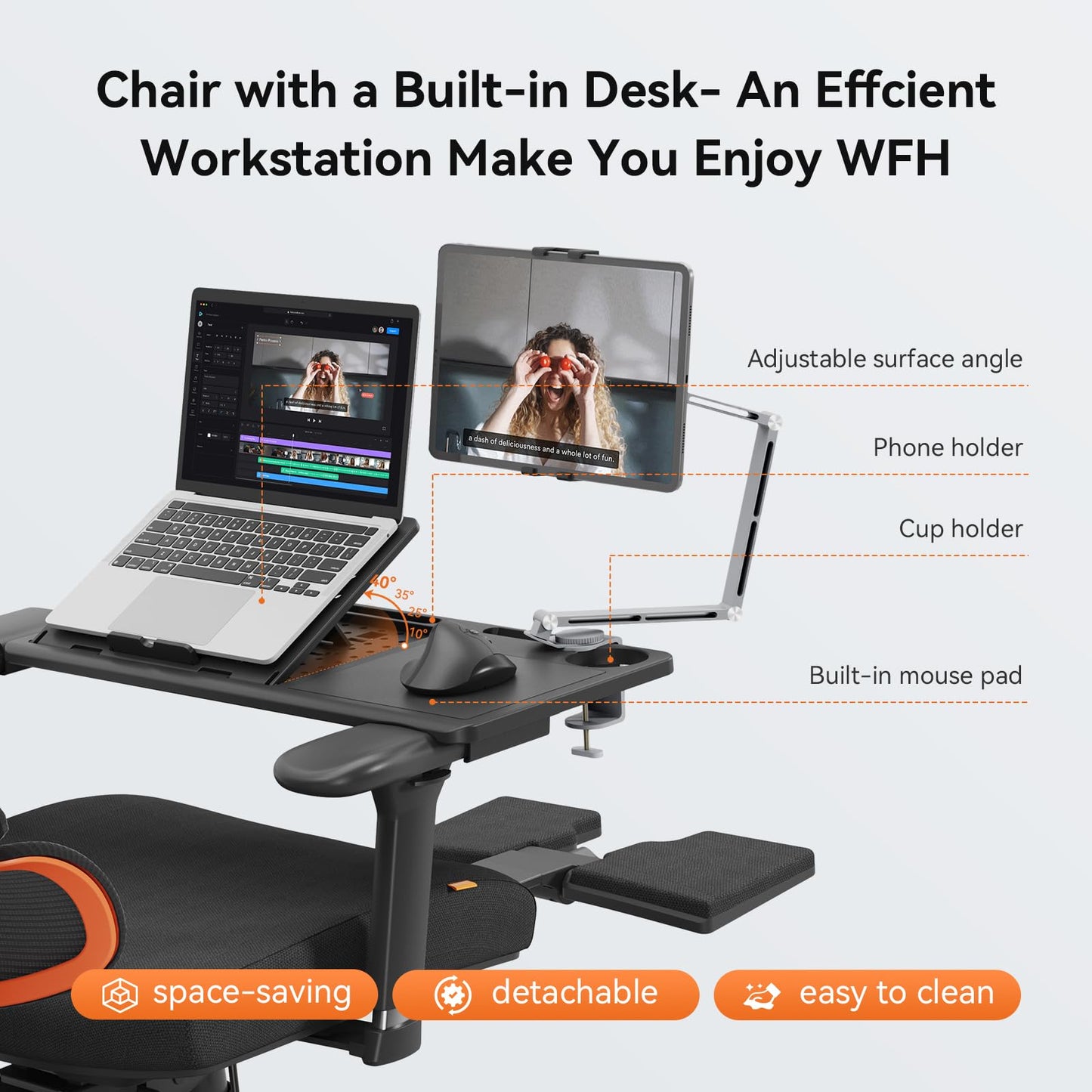 Newtral Office Chair Ergonomic - Home Office Desk Chair, Big and Tall Office Chair, Auto-Following Lumbar Support for Back Pain, Adjustable Seat Depth and Height (with Footrest + Laptop Tray, Black)