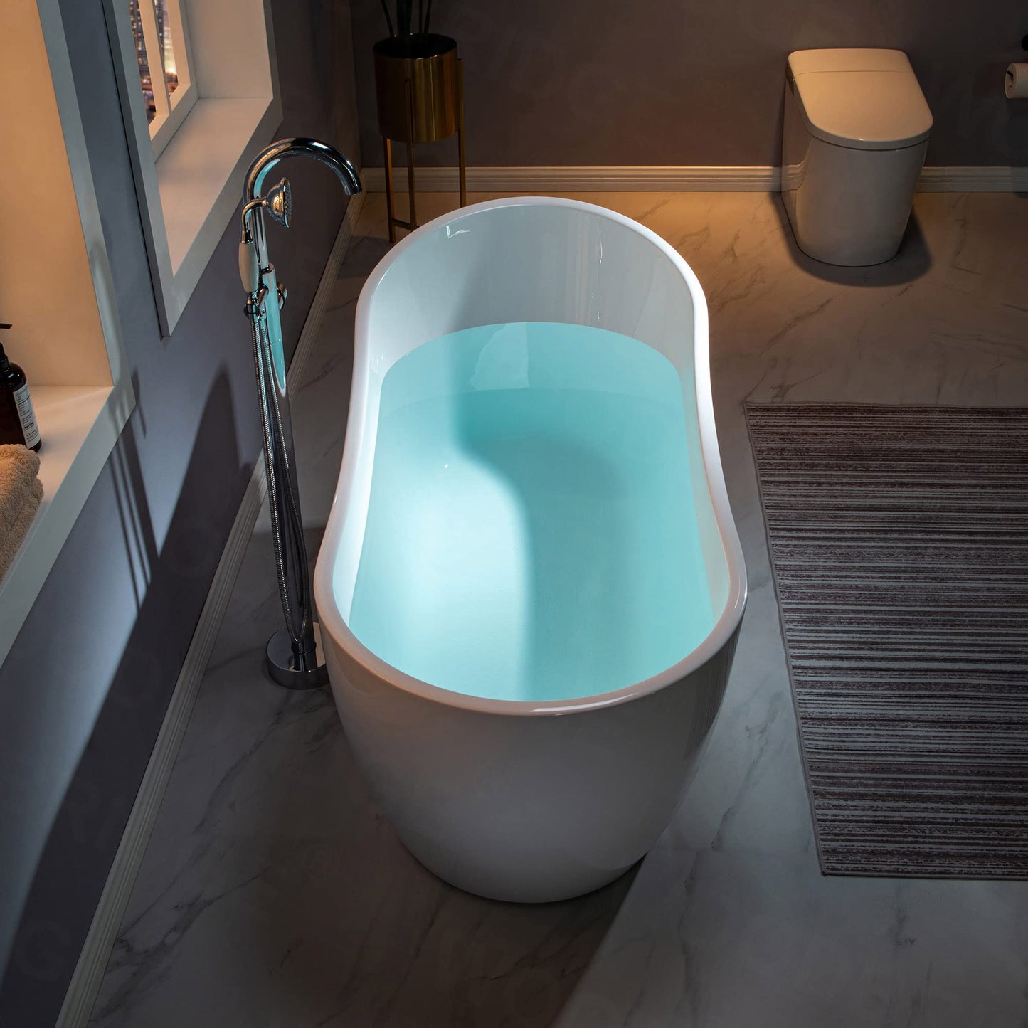 WOODBRIDGE 59" Acrylic Freestanding Bathtub Contemporary Soaking White Tub with Matte Black Overflow and Drain，B1530-MB-Drain&O