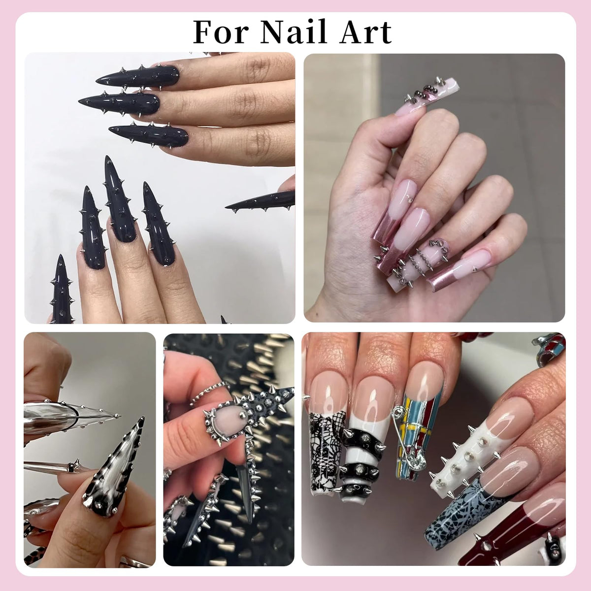 3D Mini Metal Punk Nail Art Studs, Mixed Sizes Gold Silver Black Alloy Cone Spikes Rivets Steel Beads Balls Goth Nail Charms with Tweezers & Dual-end Brush for Nails DIY Crafts Decorations (17-K1)