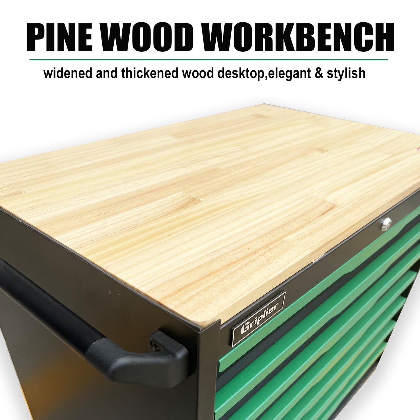 Griplier 7-Drawer Tool Chest with Wood Top, 31.3W x 18.9D x 32.3H inches, Black and Green，Locking Rolling Tool Box with Wheels,Mechanic Tool Cabinets for Garage, Warehouse,Repair Shop,Workshop