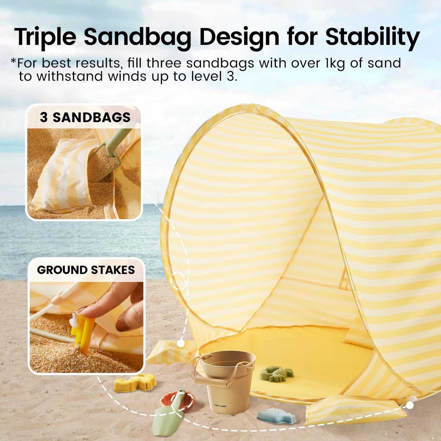 Tiny Land Baby Beach Tent – Pop Up Baby Tent with UV Protection, Portable Baby Beach Essentials, 35.4"x27.6"x31.5" Sun Shelter for Infants, Baby Summer Outdoor Use (Pastel Yellow Stripes)
