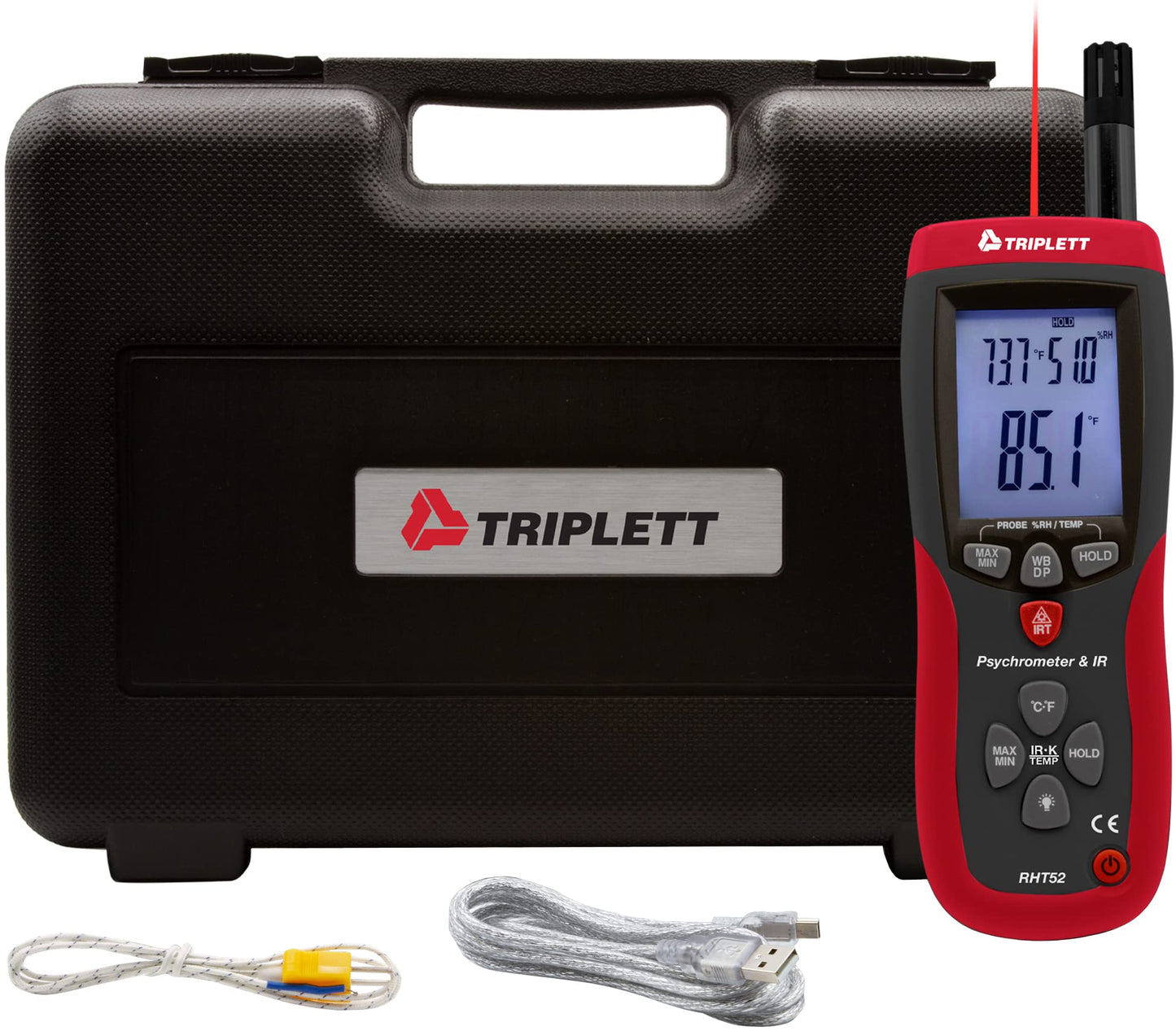 Triplett RHT52 Psychrometer and IR Thermometer with Type K and Certificate of Traceability to NIST- Temperature, Humidity, Wet Bulb, Dew Point