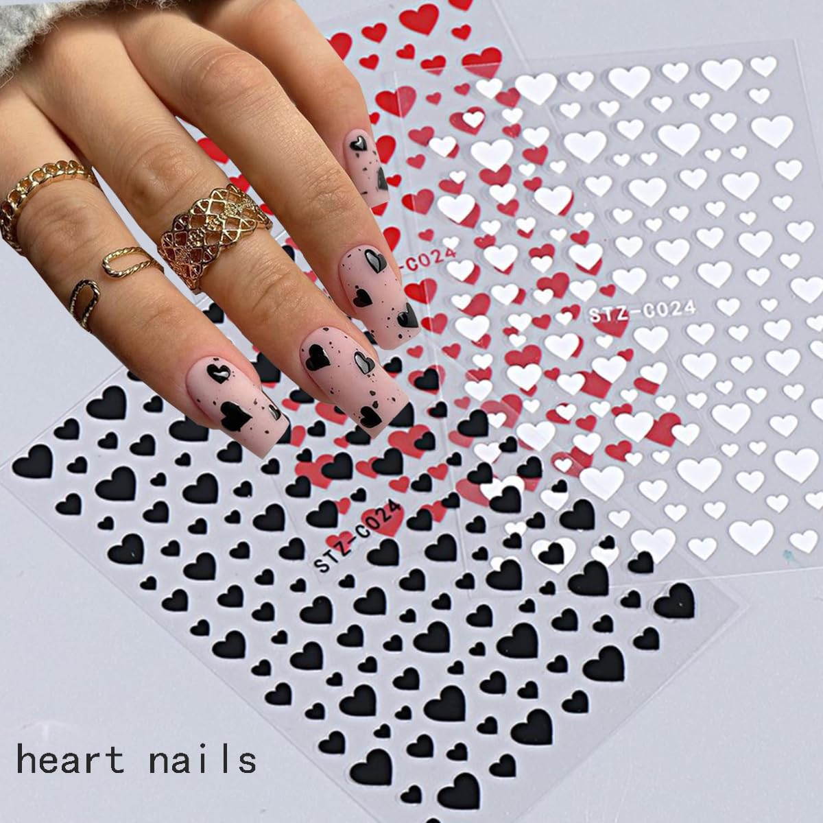 Heart Nail Stickers -Valentine's Day Nail Art Supplies Heart Nail Decals for Women - 3D Self Adhesive Heart Nail Art Sticker - Heart Love Black Red White Nail Designs DIY Valentine Manicure Decor 6PCS