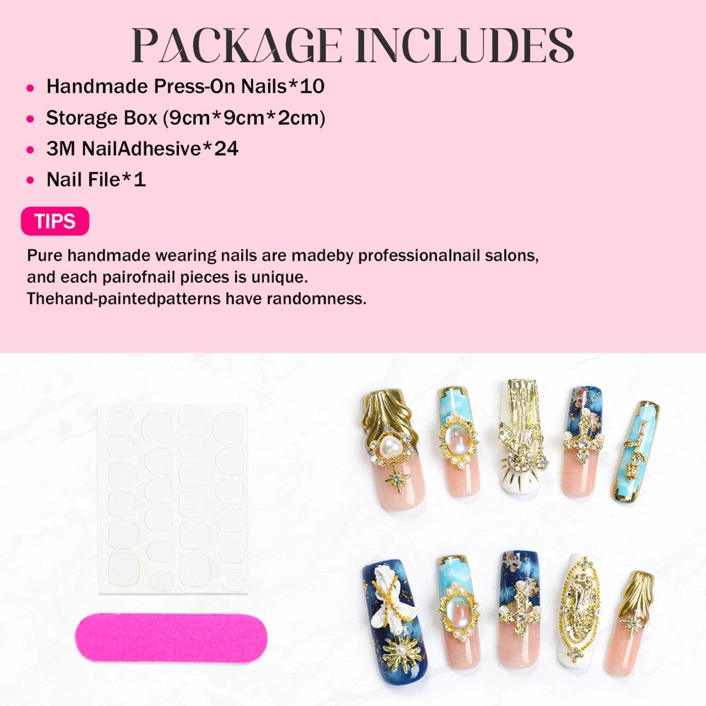Handmade 3D Blue-Pink-Gold Royal Embossed Pearl Square Press On Nails, Luxury Retro Noble Style Artisan Nails Set, Reusable Glossy Press-ons with Tool Kit(S)