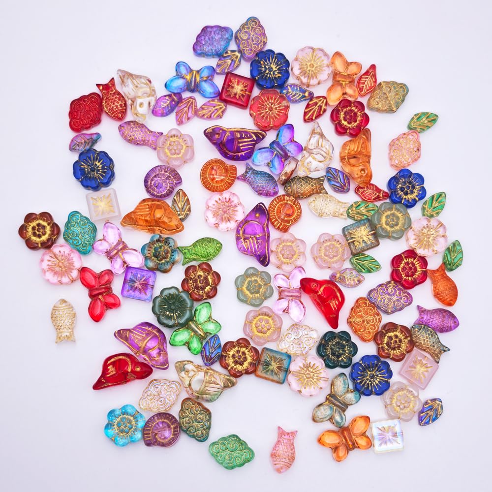 INSPIRELLE 100pcs Crystal Glass Beads Gold Tracing for Jewelry Bracelet Necklace Making Multi Shapes