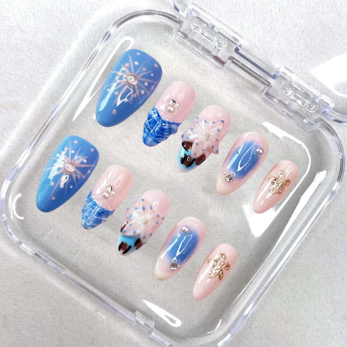 Handmade Press on Nails Medium Almond Fake Nails Press Ons Summer 3D Luxury Cute Flower Full Cover Stick on Nails Floral Glue on Nails for Women Girls Manicure (Blue Summer M)