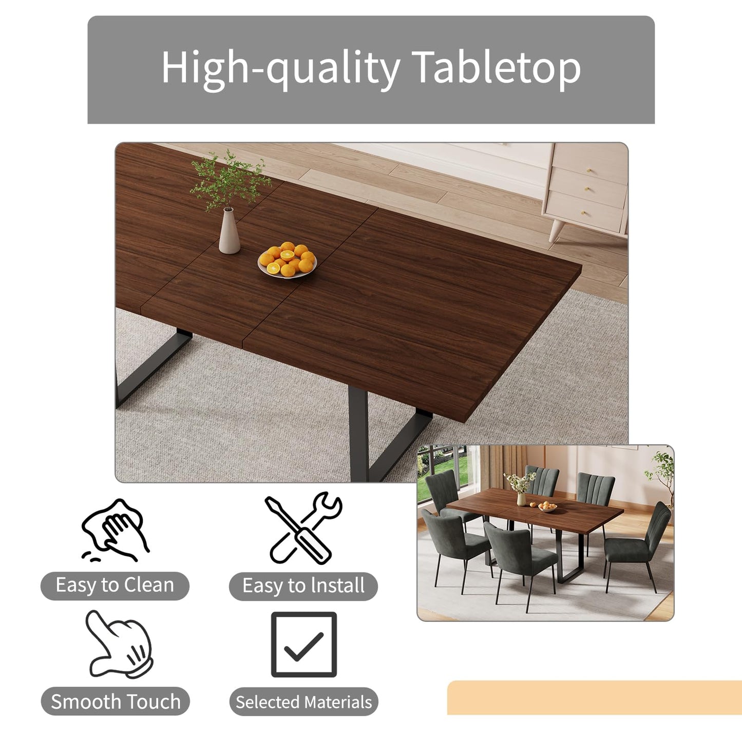 ZckyCine 51"-67" Expandable Dining Table, Modern Rectangular Walnut Wood Table with Metal Frame, Space-Saving Adjustable Table for Kitchen, Dining Room, Apartment or Restaurant