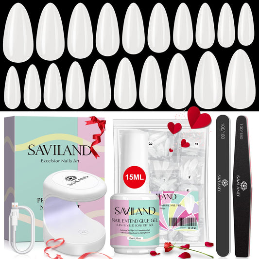SAVILAND Gels Nail Kit Almond: Natural Nail Tips 500 Pcs and 4 In 1 Nail Glue Gel, U V/LED Nail Lamp Pre-shaped White Full Cover False Nails for Acrylic Nail Kit Nail Art DIY Salon At Home Gift