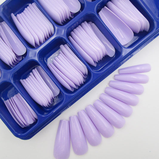 100pc Purple Colored Long Coffin False Nails Artificial Acrylic Tips Ballerina Shape XL Press on Fake Nails Manicure Fingernail DIY Decor for Women Girls with Case (Baby Purple)