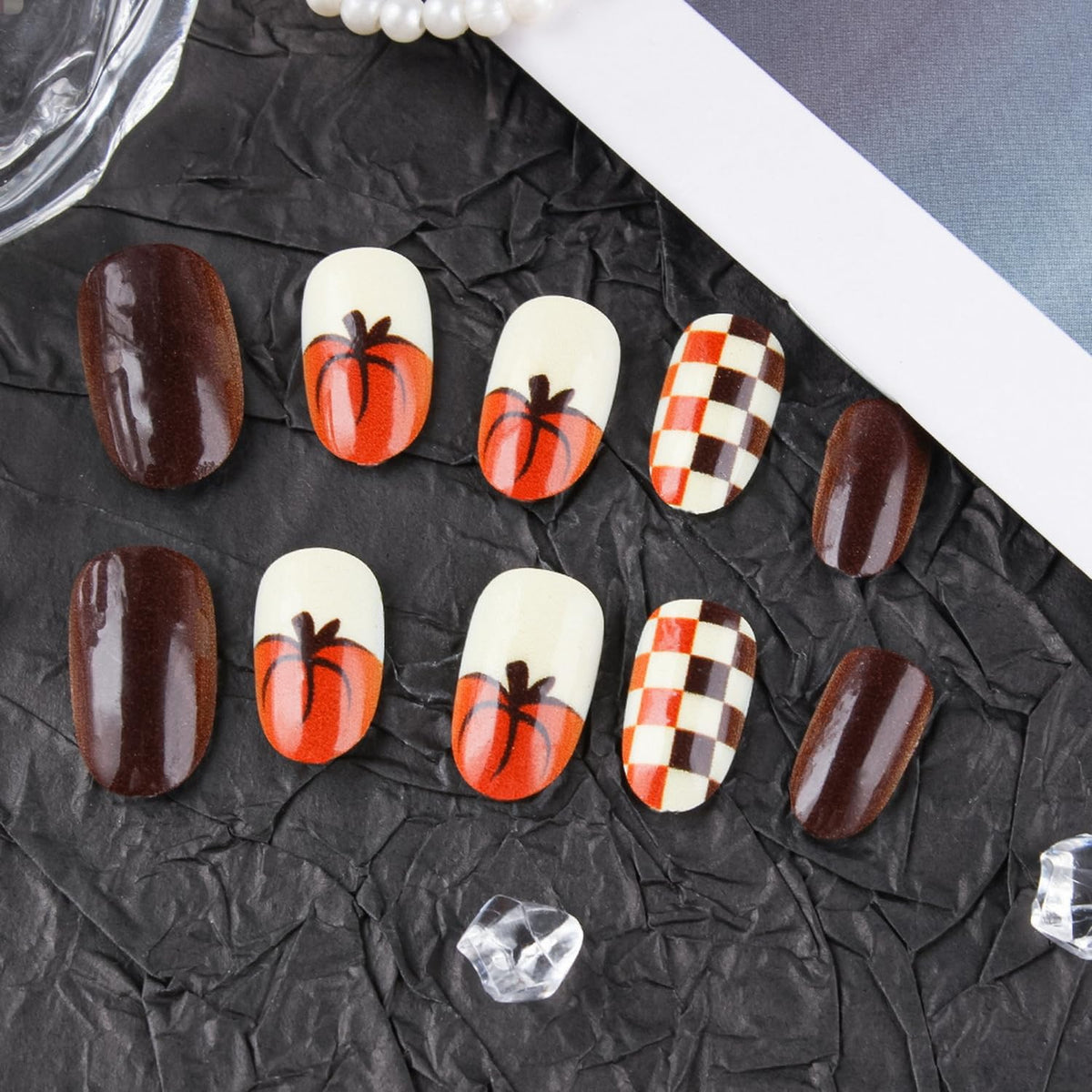 Fall Press on Nails Short Almond Fake Nails Brown False with Grid Pumpkin designs Halloween Glue Glossy Full Cover Thanksgiving Stick on Nails for Women Girls DIY Manicure24pcs