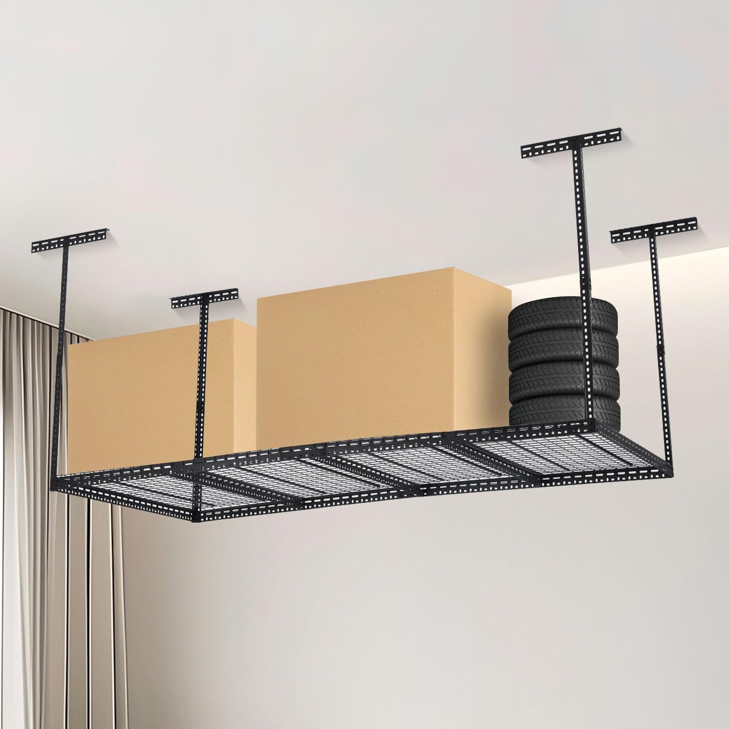 GarveeTech 4x8 FT Overhead Garage Storage Rack, 22"-40" Height Adjustable Ceiling Storage Rack 330lbs Weight Capacity, Heavy Duty Metal Hanging Storage Shelves for Garage (Black, Vertical Post x 4)