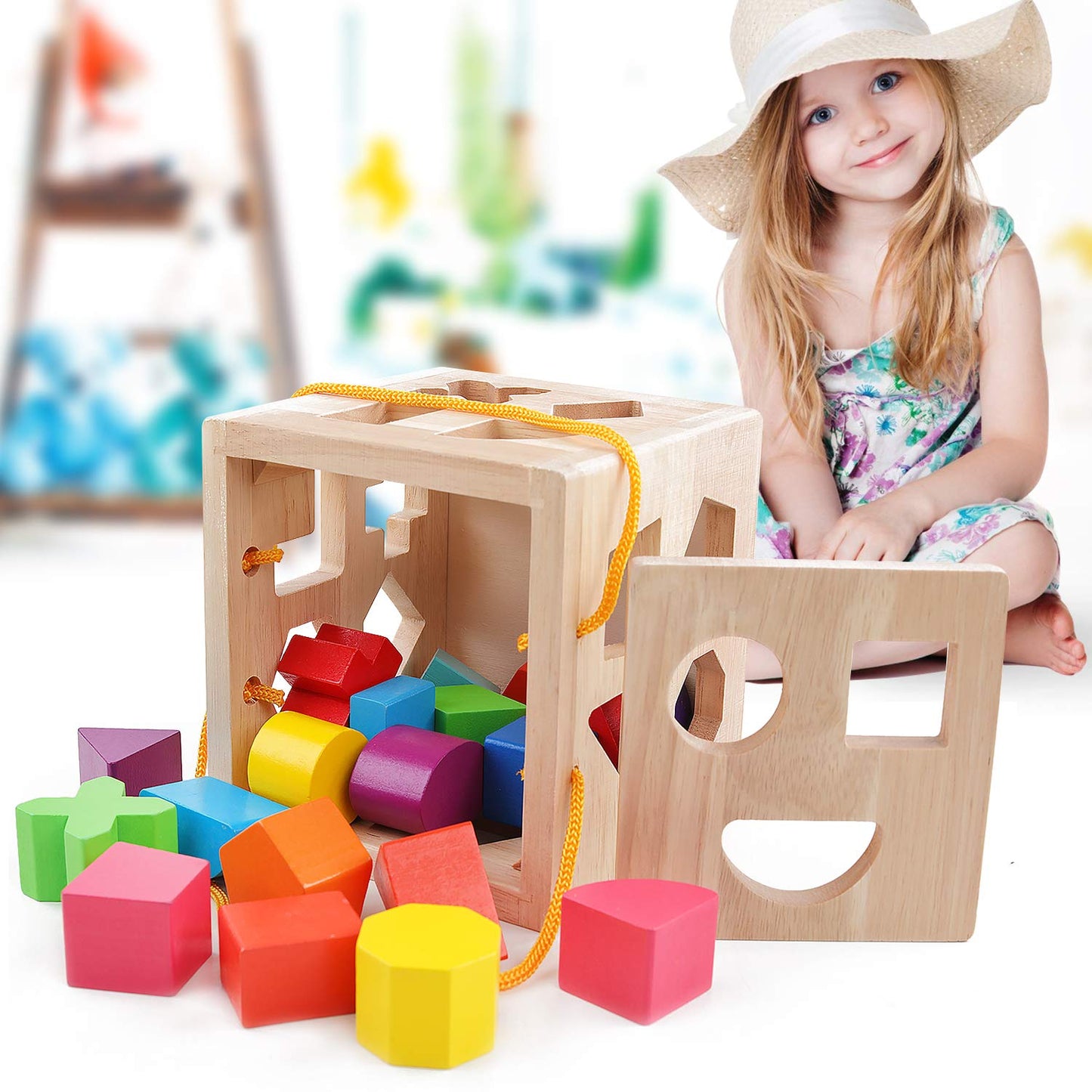 QZMTOY Shape Sorter Toys with 19 Shape Blocks, Classic Wooden Toys for Toddlers Kids, Gift for Girls Boys 2-4 (Natural Solid Wood)
