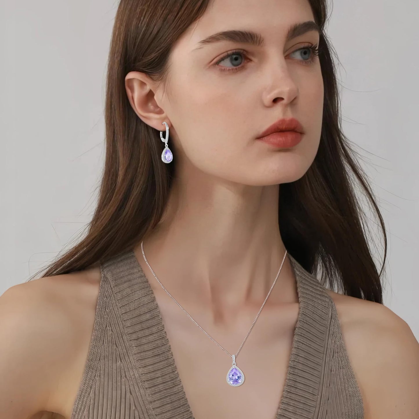 FJ Teardrop Jewelry Set for Women 925 Sterling Silver Alexandrite Necklace and Earrings Set Pear Cut June Birthstone Jewelry Gifts