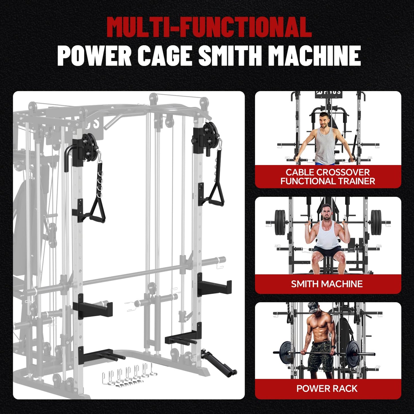 FAGUS H All in One Home Gym System Workout Station, Multi-Function Smithe Machine Power Cage with Cable Crossover, Tripe-Sided Independent Load Posts, Functional Trainer for Full Body Training, Black