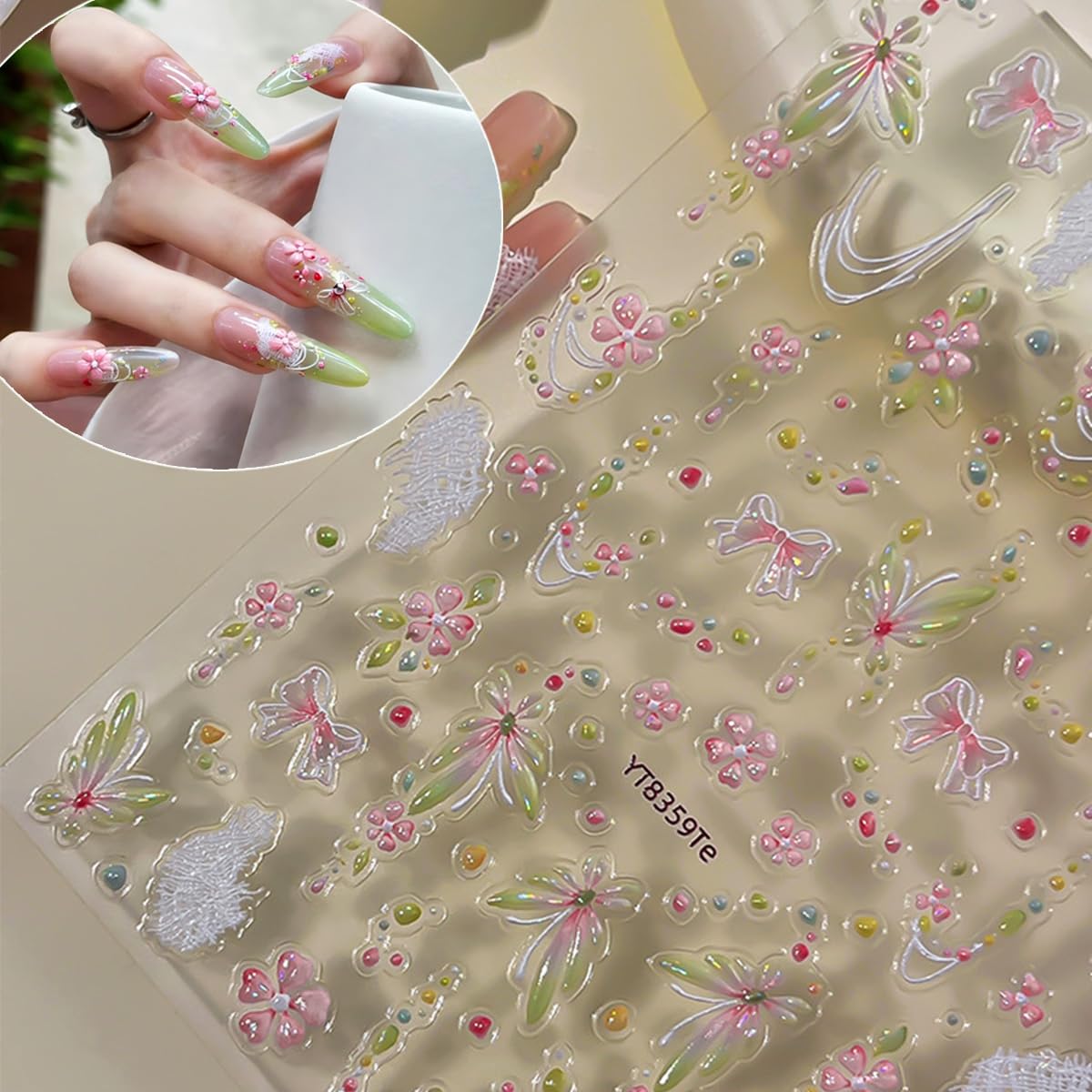 Spring Butterfly Nail Art Stickers Shiny Laser Flowers Butterflies Bow Design Nail Stickers 3D Self Adhesive Pink Green Cute Little Floral Nail Decals for Women Spring DIY Manicure 1Pcs