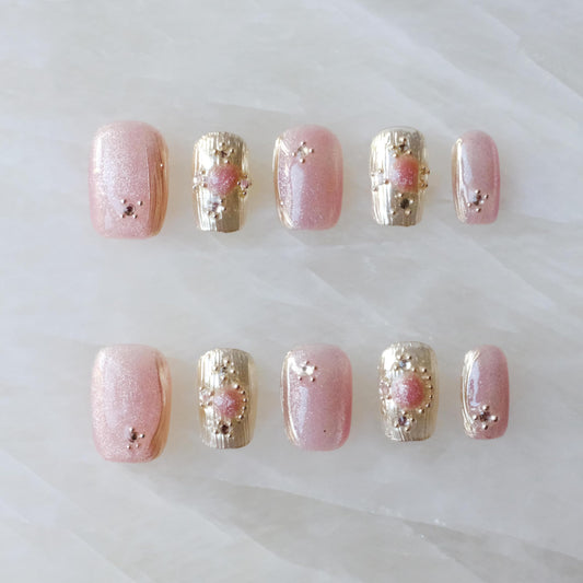 [GLORS] Purely Handmade Press On Nails | Pink Purple Cat-eye with Buccilati Style Fake False Nail Art | Salon Quality Wearable Nails in Short Square 10 pieces (Small, SS)