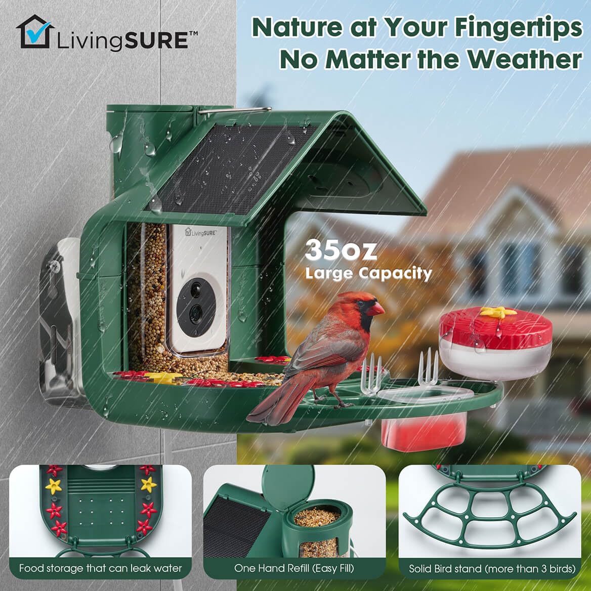 LivingSURE 2-in-1 Smart Bird Feeder with Camera Outdoor Solar Powered Smart Birdfeeder Live Stream Video Camera with AI Recognition for Outside Wild Birds Garden Decor - Bird Lover Gifts