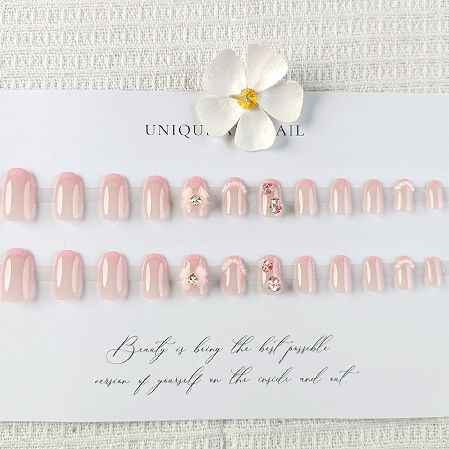 IMSOHOT Oval Press on Nails Pink Short Fake Nails French Tips Acrylic False Nails with Bow Tie Charms Designs Rhinestone Pearl Full Cover Glue on Nails for Women and Girls 24Pcs