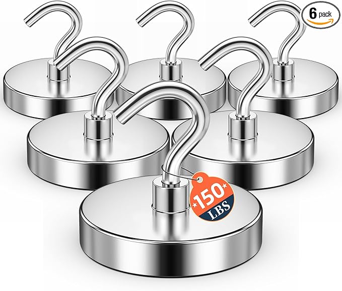 FINDMAG Magnetic Hooks for Cruise Cabins, 150lbs Metal Magnetic Hooks for Hanging, Magnet Hangers for Whiteboard, Strong Magnets Heavy Duty for Classroom Organization, Office Supplies, 6Pack, Silver