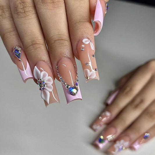 French Tip Press on Nails Long Square Fake Nails Press ons False Nails Acrylic Nails Press on Artificial Nails with Flowers Designs For Women 24pcs