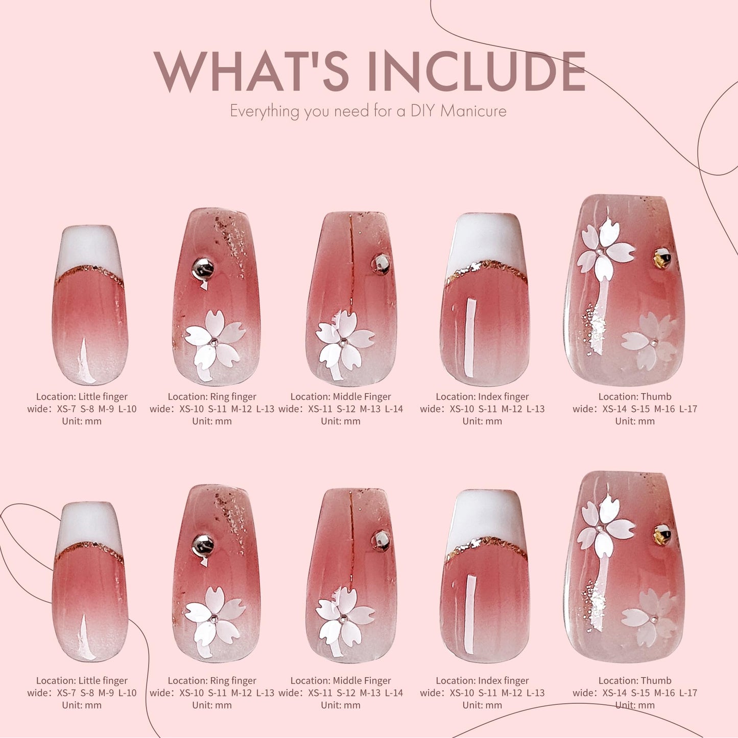 Veil Press On Nails 10pcs, Pink Cherry Blossom Gradient UV Gel/Acrylic False Nails, Elegant Floral French Tip Spring Blossom Nail Art for Women, Cute Pastel Flower Soft Glam Nail Set (Pink, XS)