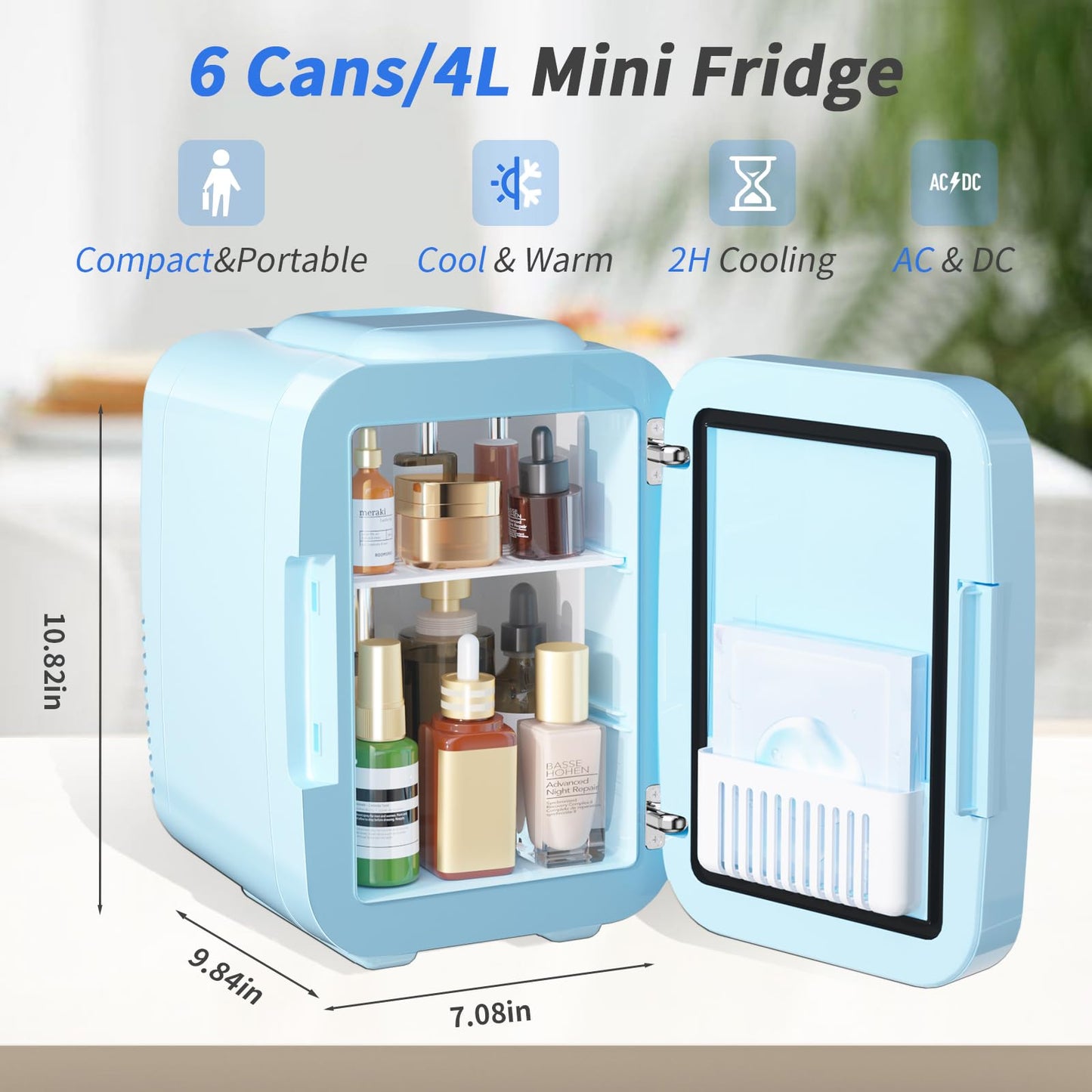 YASHE Skincare Fridge Mini Fridge for Bedroom with Dimmable LED Mirror, 4Liter/6 Cans Cooler and Warmer for Makeup, Cosmetic, Beauty, Portable Refrigerator for Bedroom, Vanity, Office and Car- Blue
