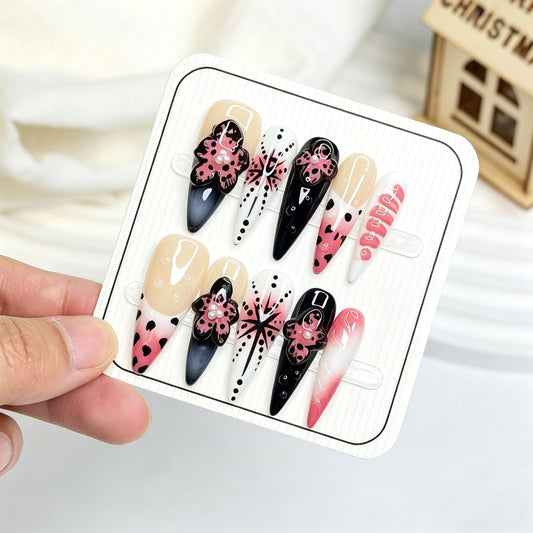 10 Pcs Handmade Press on Nails Long Stiletto Fake Nails with Design 3D Flower False Nails Leopard Print French Tip Acrylic Press Ons Nails Long Stiletto Nail Art for Women Party - Size M