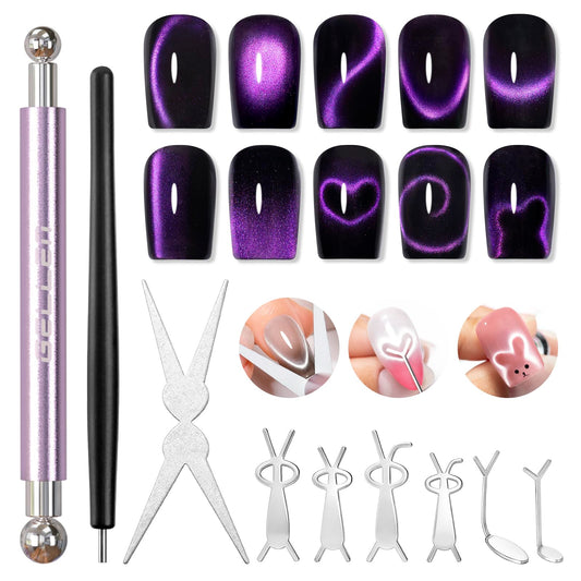 Gellen Cat Eye Magnet for Nails, Strong Magnetic Nail Magnet Set with Double Ended Magnet Pen, 8mm 10mm Ball Magnets, French Tip Cat Eye Guide Plate, Bunny & Heart Design Plates for Gel Nail Polish