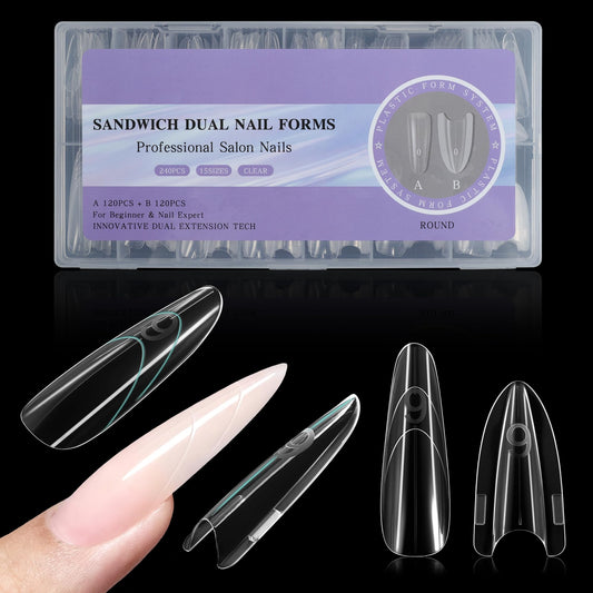 VOCOSTE 240pcs Sandwich Dual Nail Forms, Almond Round Nail Art Tools for Quick Nail Extension, 15 Sizes Plastic Reusable Form, Long Nails DIY Salon & Bride Party Manicure Kits