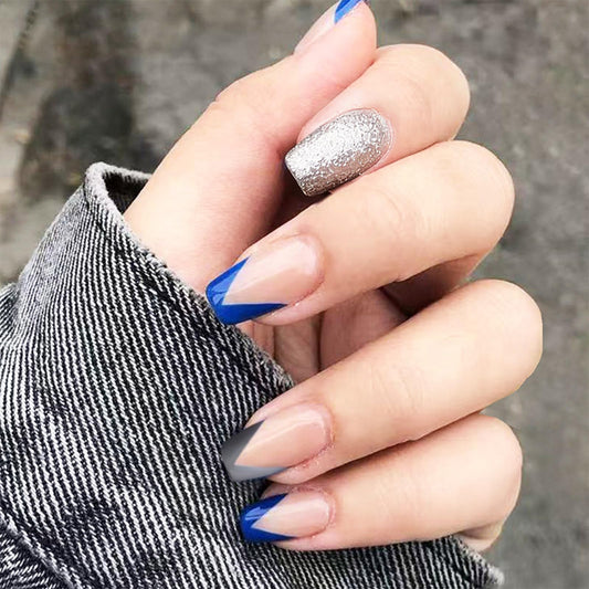 Blue French Tips Press on Nails with V Gray French Tips Design, Medium Coffin Fake Nails Glossy Silver Glitter False Nail Glue on Artificial Fingernails for Work Office Daily Wear