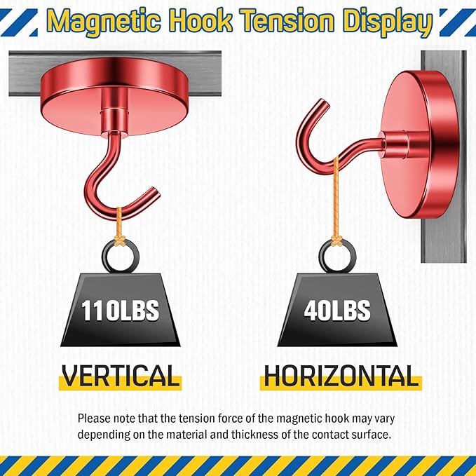 FINDMAG Magnetic Hooks for Cruise Cabins, 110lbs Magnetic Hooks for Hanging Heavy Duty, Cruise Ship Magnets for Grill, Classroom Organization, Strong Fridge Magnets, Office Supplies, 6 Pack, Red