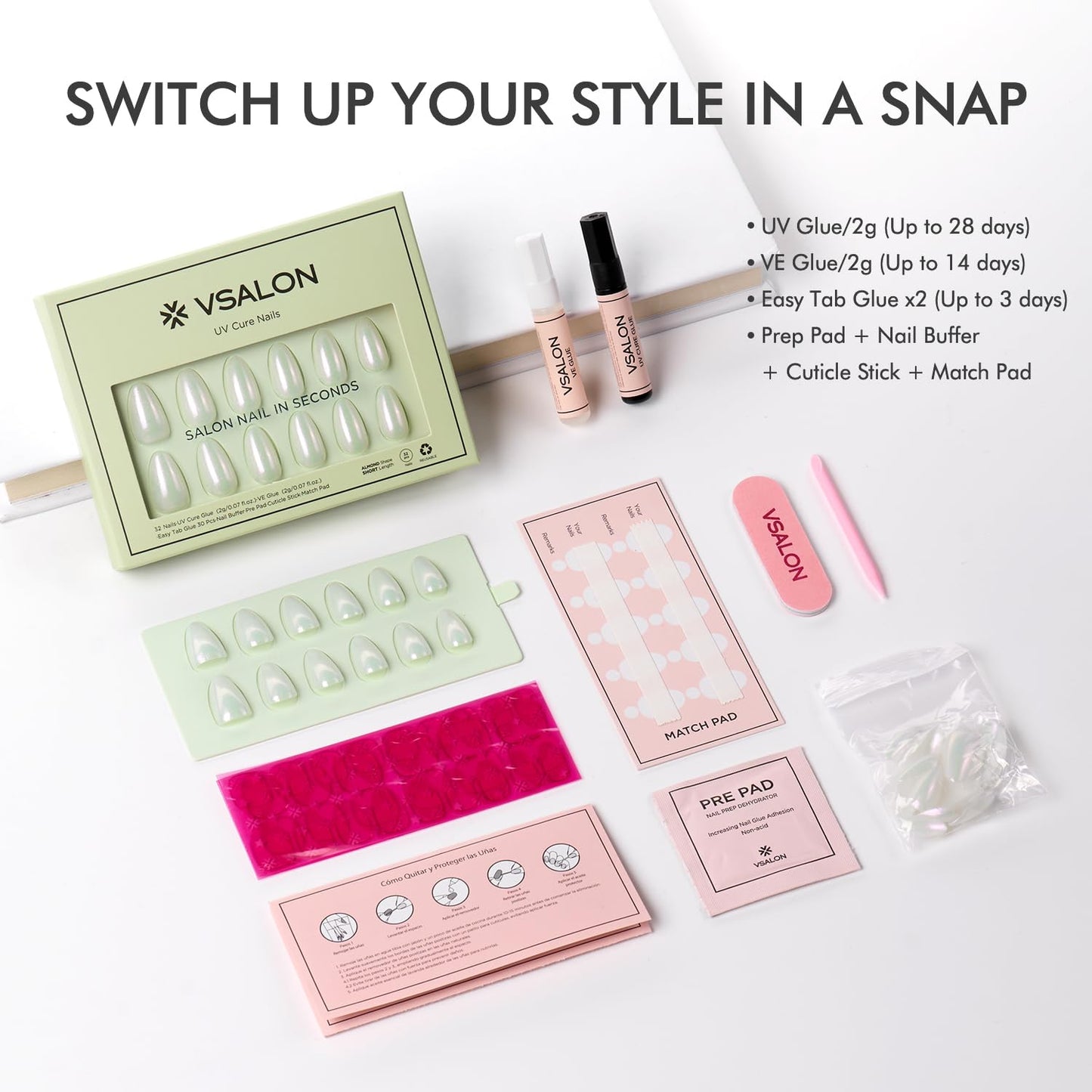 VSALON Press On Nails Short Almond, Shimmer White Opaque Fake Nails & Lamp