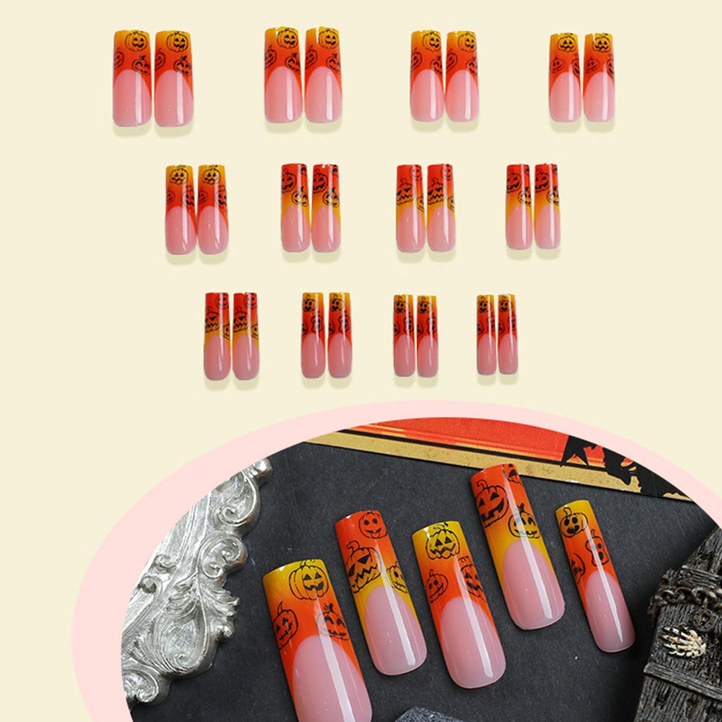 IMRAIN Pumpkins Press on Nails Long Square Fake Nails French Nail Tips Full Cover Cute Orange Yellow Ombre Glue on Nails Glossy Acrylic False Nails