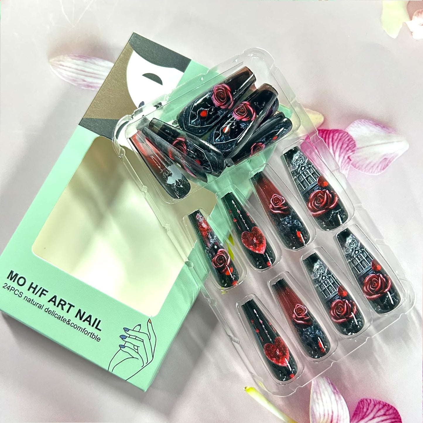CJDLTS 24Pcs Flower Valentines Press on Nails Long Ballet Artificial Acrylic False Nails Red Love Fake Nail Rose Full Cover Reusable Coffin Floral Artificial Fingernails for Women Festival Manicure