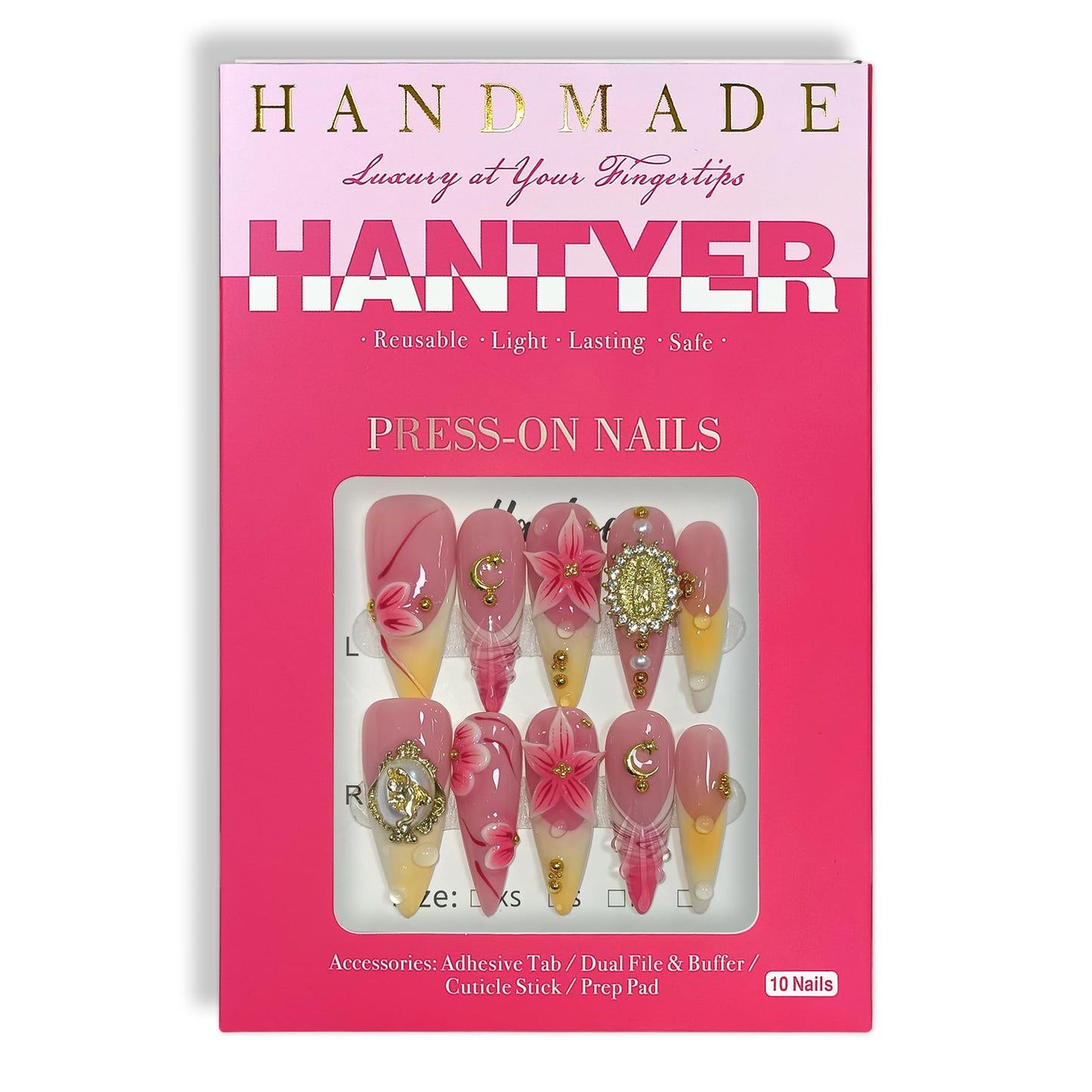 Hantyer Pink Ombre French Press on Nails with 3D Floral Carving, Gold Statue Charms, Long Stiletto Glossy Iced Baroque Fake Nails, Reusable Elegant False Nails for Women Wedding Ball Party (Size L)
