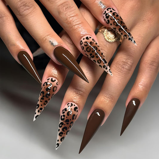 SINHOT Stiletto Press on Nails - Long Fake Nails, Glossy Finish, Brown Ombre & Leoprad Pattern, DIY Artificial False Nail Art - 24 Pcs Nail Kit with Glue