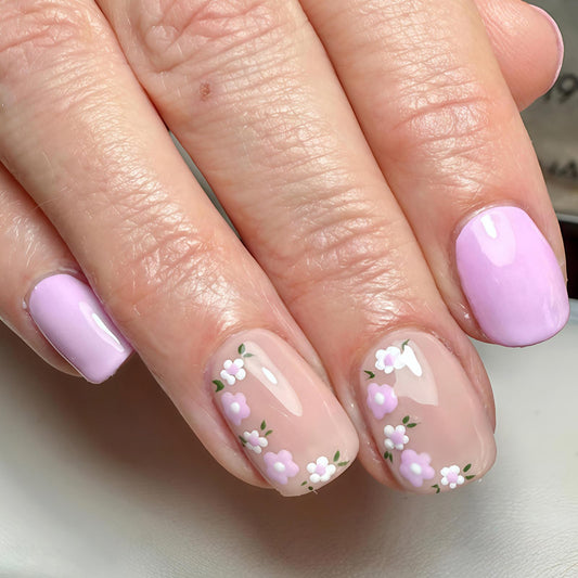 Spring Press on False Nails Purple Fake Nails Short Square Glue on Nails with Cute Flower Designs Glossy Nude Press ons Stick on Nail for Women Manicure 24Pcs