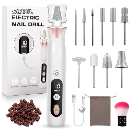 ZABOUL Electric Nail Drill Kit Cordless Professional Manicure Pedicure Nail File Buffer for Acrylic Nails Gel Polishing Removing Manicure Salon Home with Nail Drill Bits Sanding Bands