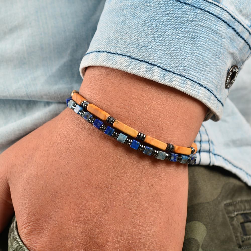 Casvia Men's Lapis Lazuli & Hematite Beaded Bracelet, Handmade Adjustable Stainless Steel Chain, Chakra Jewelry Gift for Dad, Husband, Boyfriend | Hematite Stone Bracelet