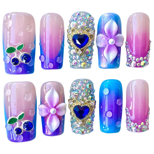 Handmade Press On Nails, Medium Short Square, Pink Blue Ombre with 3D Flowers, Bling Rhinestone Cherry Design, Reusable Acrylic False Nails (Sapphire, M)