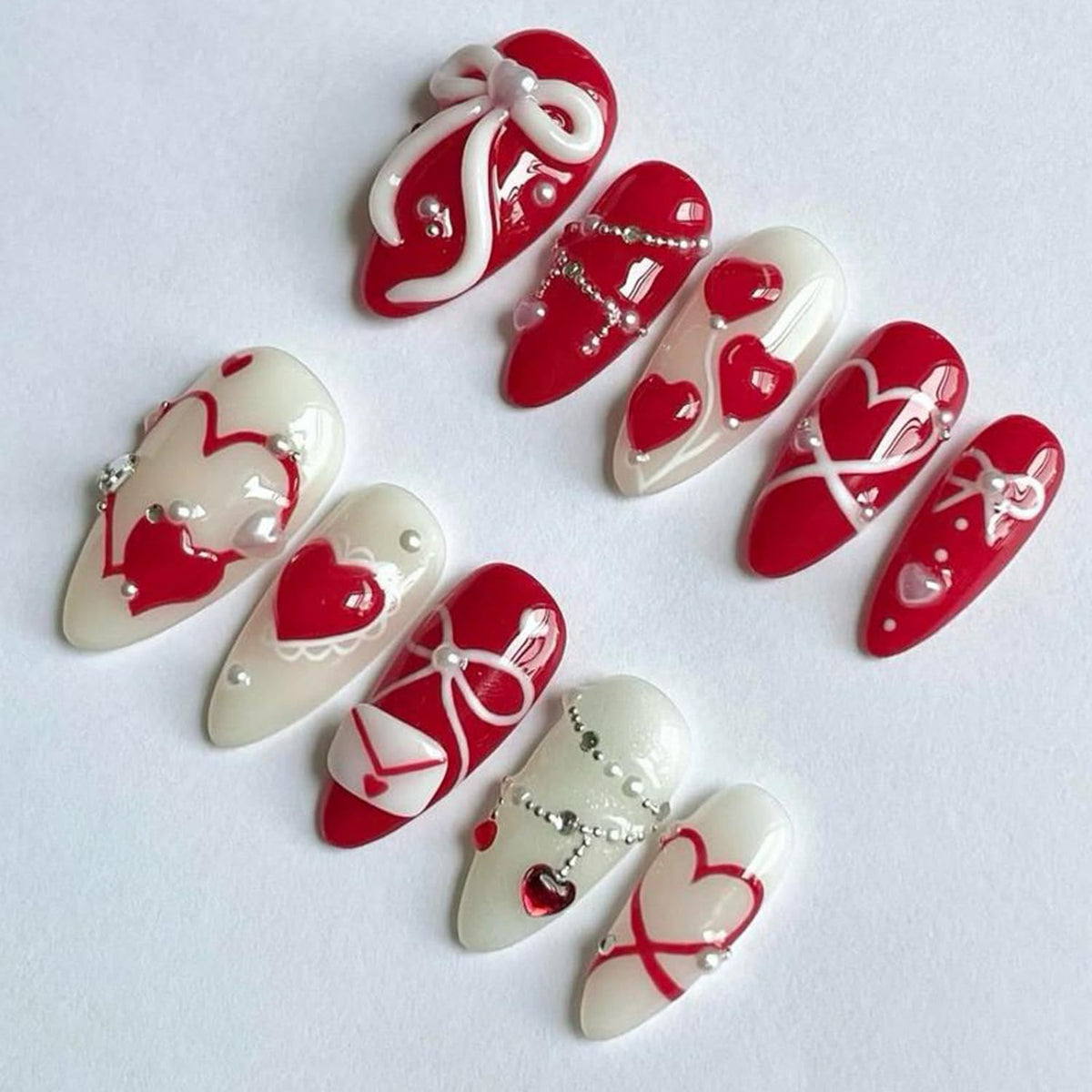 24Pcs Valentine's Love Press on Nails Almond Red Heart Fake Nails with 3D Bow Rhinestones Design French Tip False Nail White Pearl Stick on Nails Hearts Romantic Y2k Handmade Nail for Women